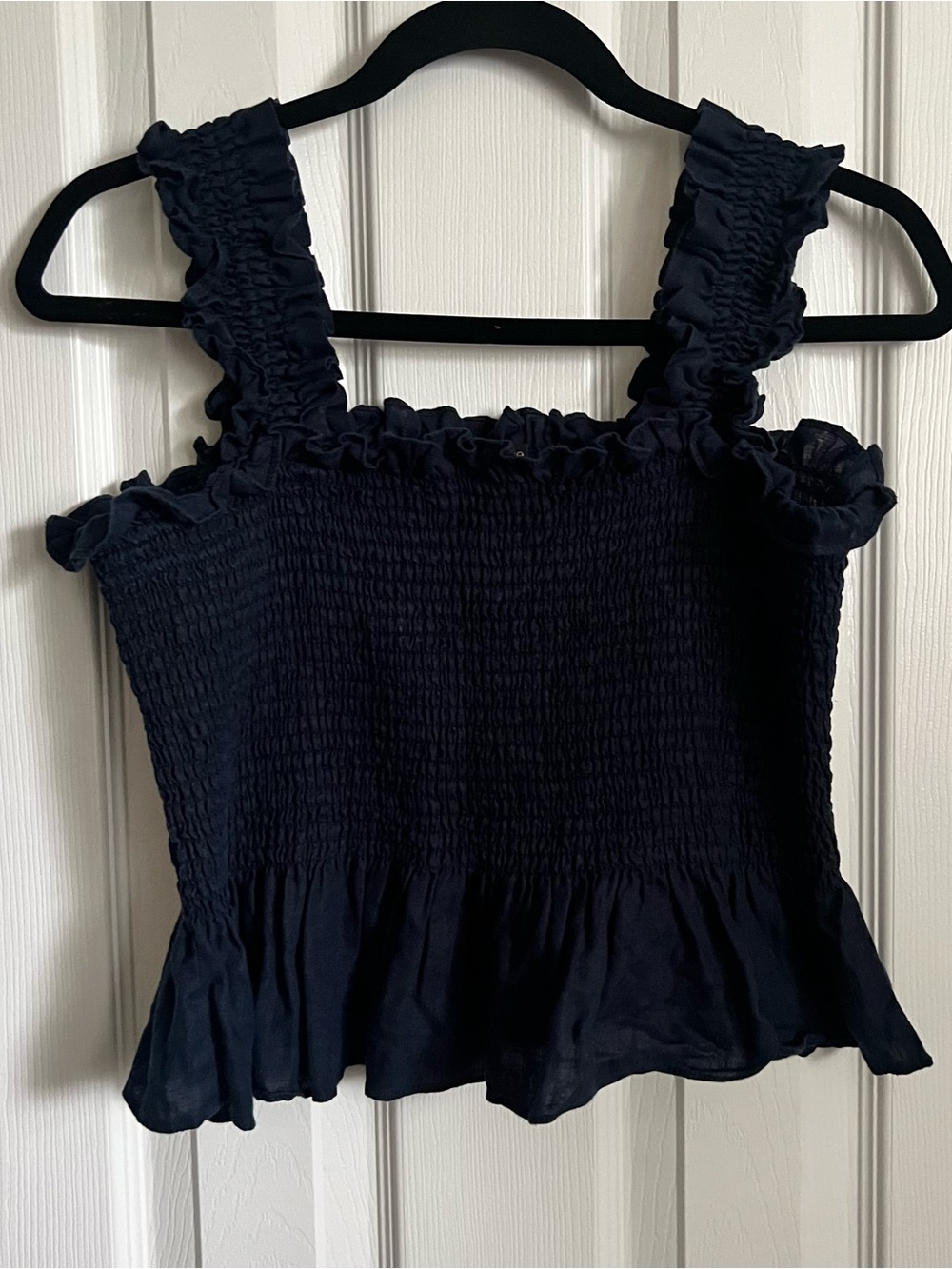 Quince European Linen Smocked Peplum Square Neck Tank Deep Navy Size L